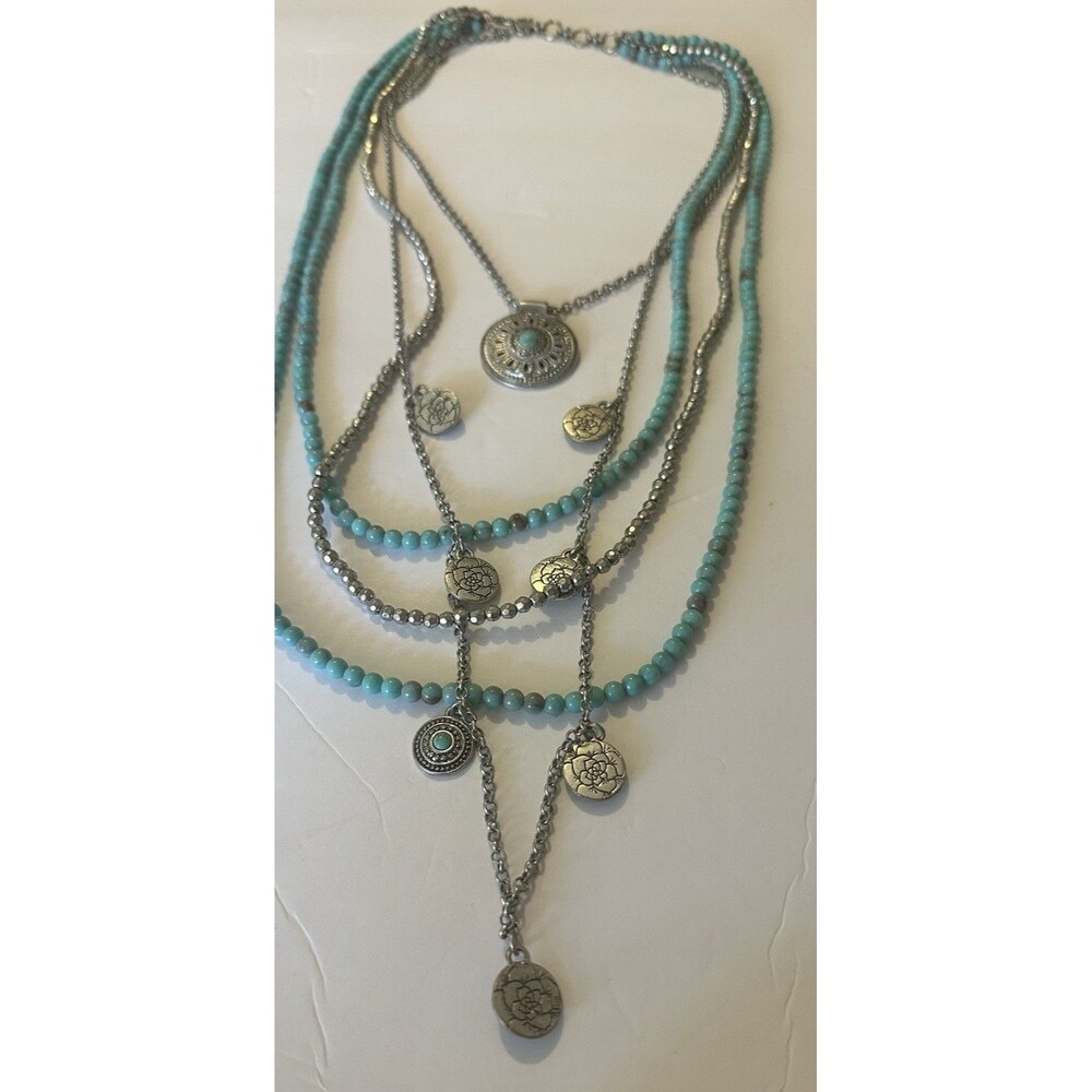 Lucky Brand Layered Turquoise Beaded Necklace Silver Tone Boho Statement Pendant - Picture 6 of 7